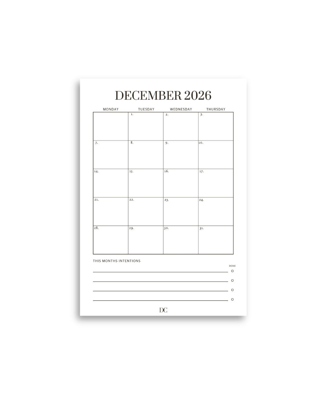 2026 Month to View
